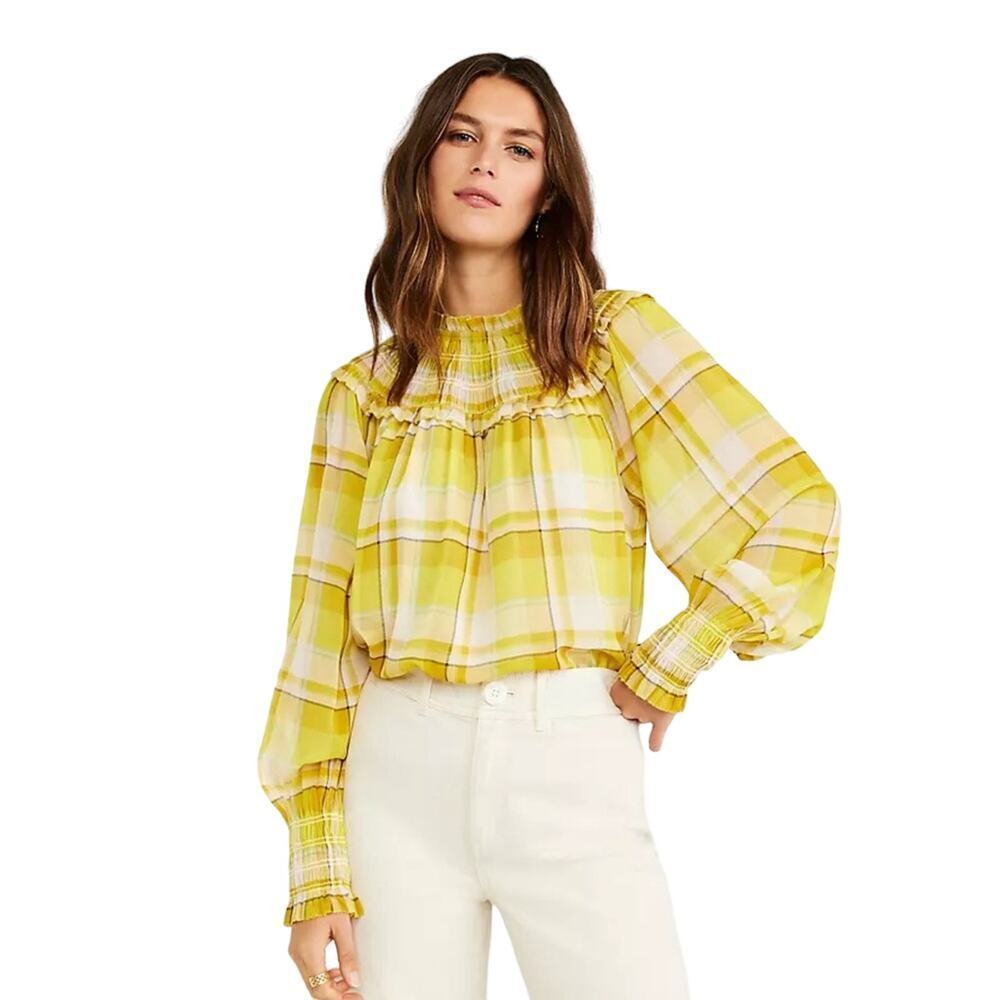 Ann Taylor Romantic Juliet Sleeve Blouse, Smocked, Career, Plaid Yellow/Black L